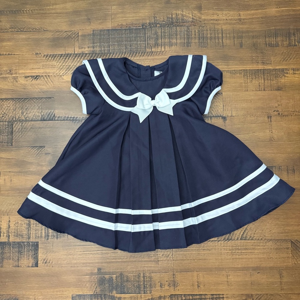 Rare Editions Baby Girls Navy Blue Sailor Dress Nautical White Stripe 12M